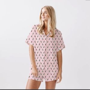 Pink Striped Short Pajama Set with Green Floral Accent